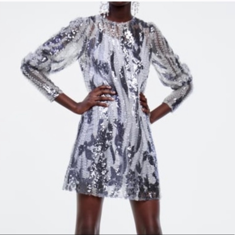 Zara Silver Sequin Puff-Sleeve Mini Dress